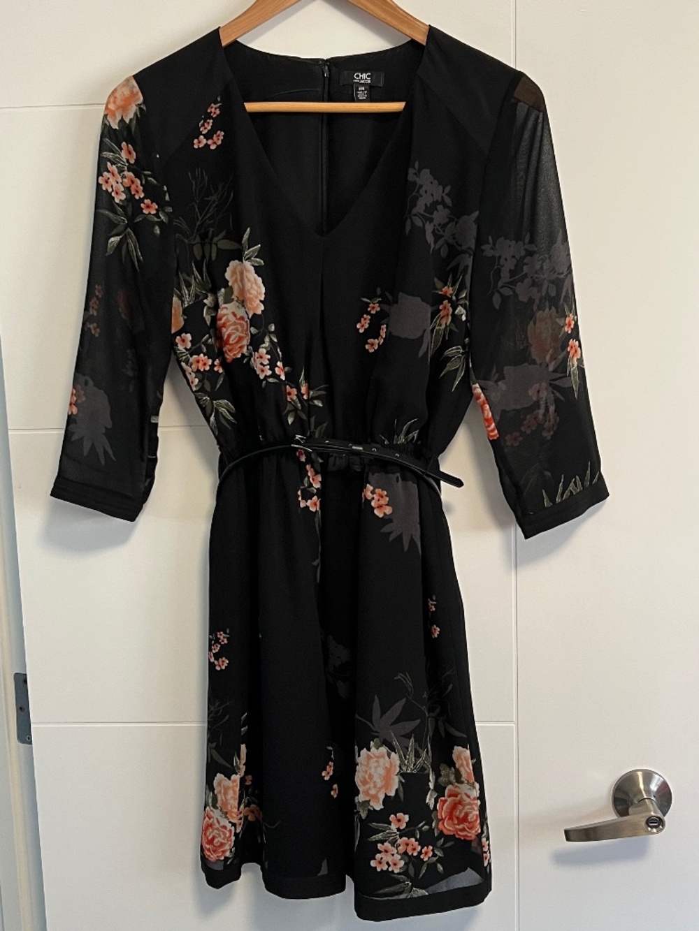 Small Jacob Floral Chiffon V-Neck A-Line Dress with Belt